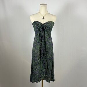 Womens Green Purple Floral Strapless Halter Dress Midi Tie Front